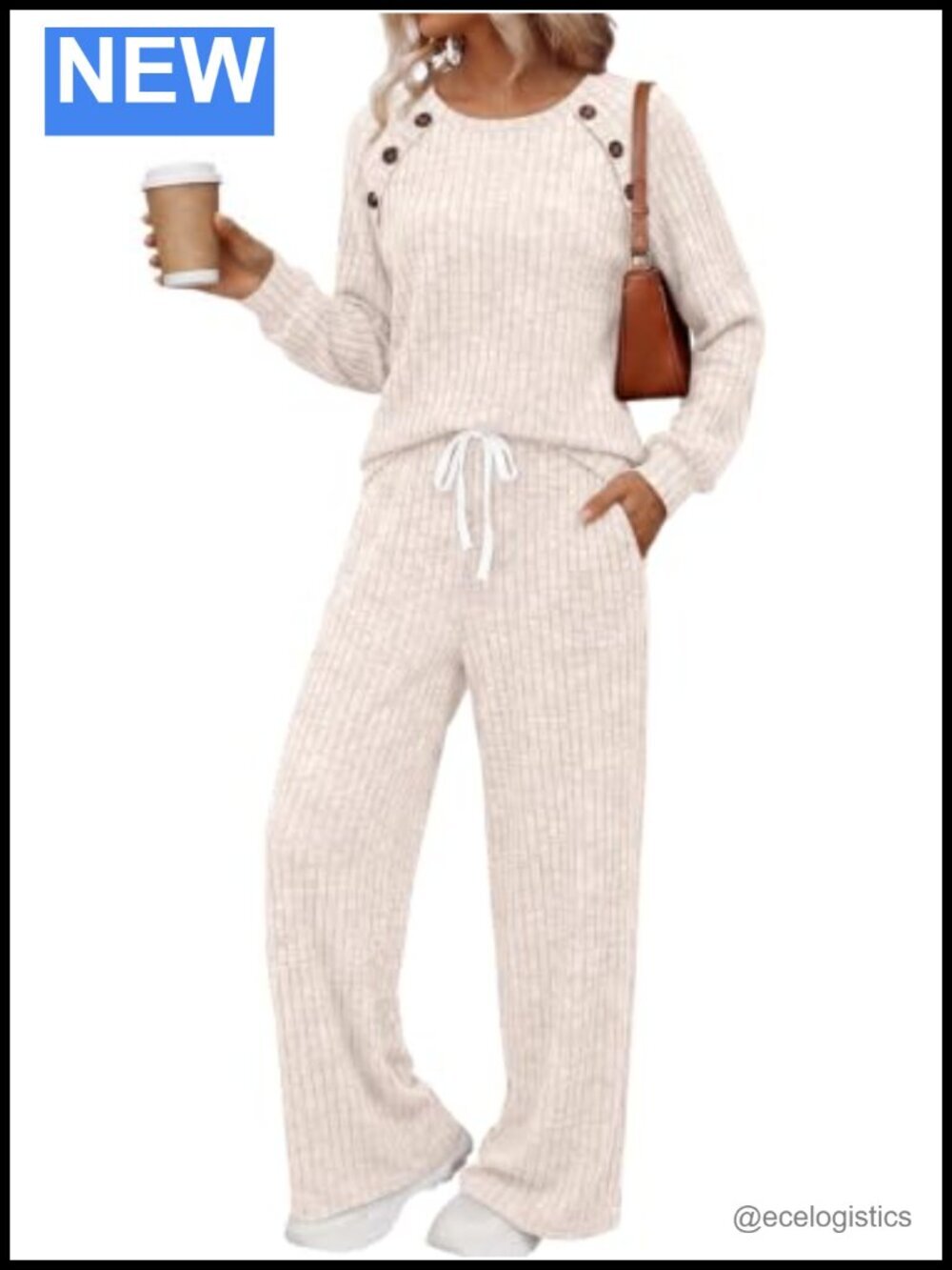 Women's 2-Piece Lounge Set - Ribbed Knit Long Sleeve Top & High-Waist Pants